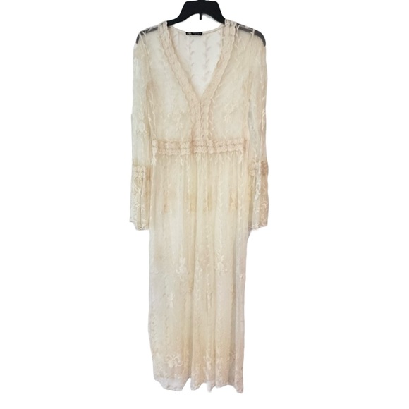 Zara Dresses & Skirts - Zara Cream Sheer Lace Bell Long Sleeve V-Neck Maxi Dress